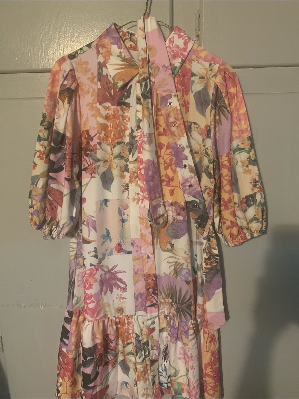 Women Floral Patchwork Casual Dress with Belt - Pink & Purple